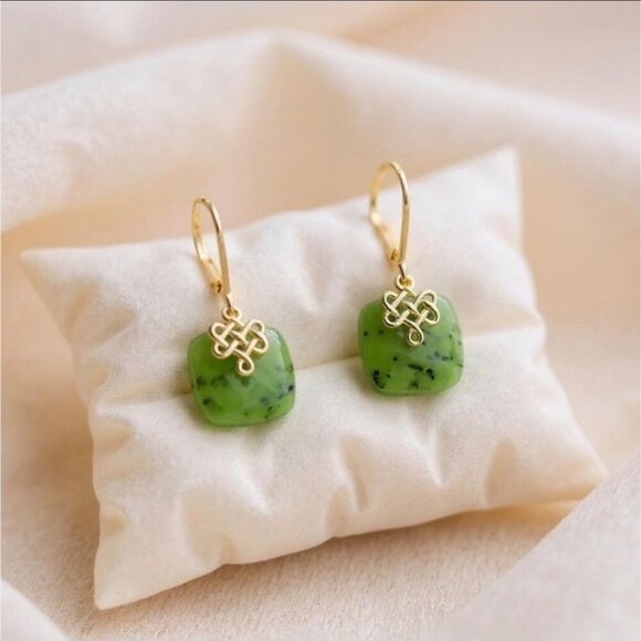 Dynasty ✦ Nephrite Jade Square Drops ✦ 18k Gold Over 925 Silver Earrings NWT - Picture 5 of 17